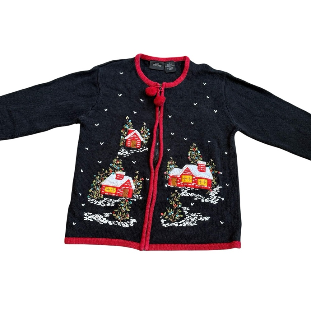 Ugly Christmas Sweater Cardigan Zip Houses Embellished Sz Medium Black Red